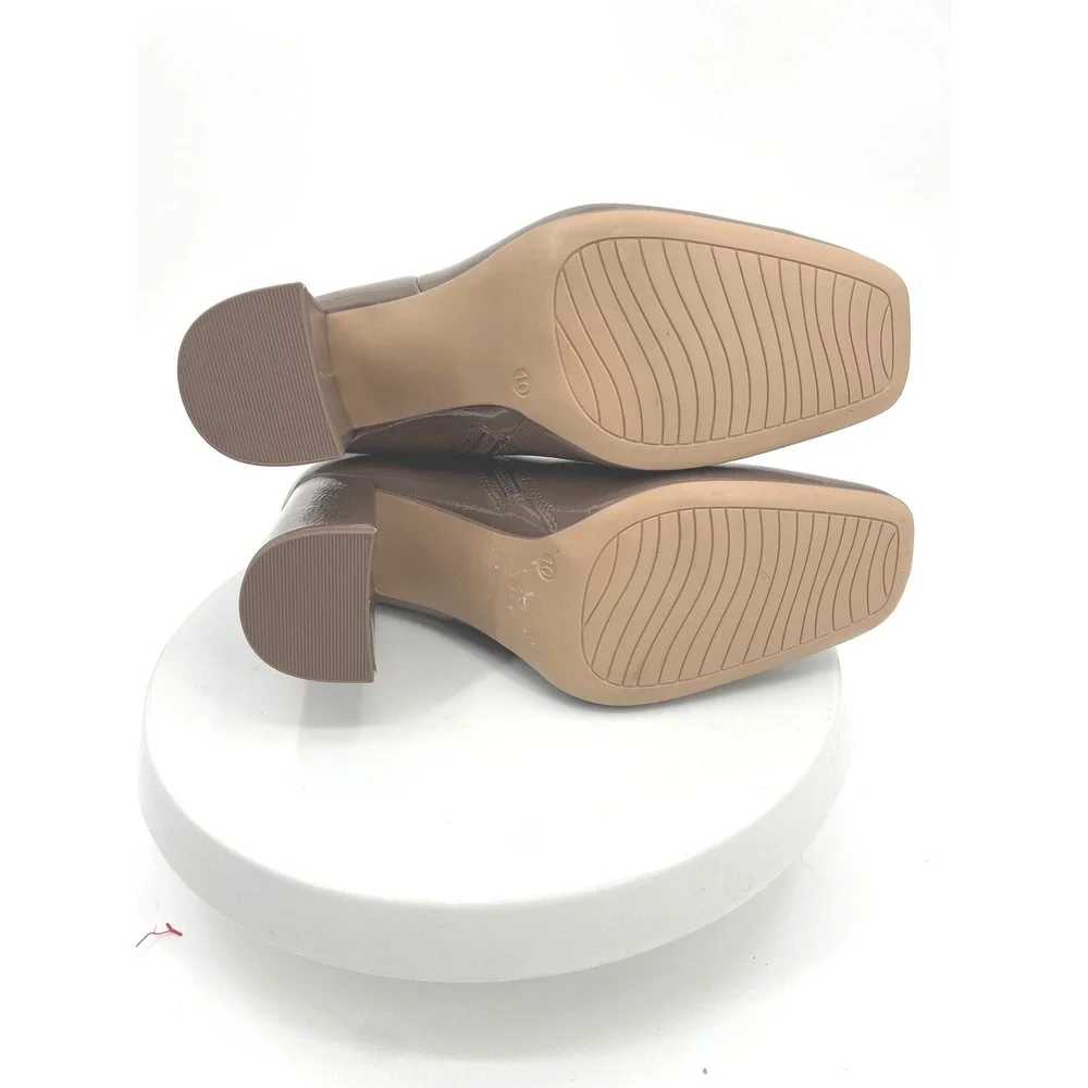Michael‎ Kors Sterling Ankle Boots Womens 10 Taupe Patent Block Heel Square Toe